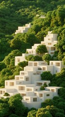 Fototapeta premium A city with modern, white cubic buildings integrated into lush green hills, illustrating a harmonious blend of architecture and nature.