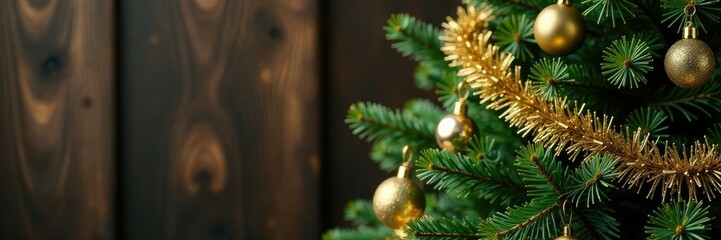 Gold and olive green garland wrapped around a wooden Christmas tree, olive green, gold, decoration
