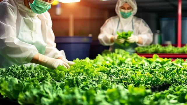 Hydroponic Farming: Two skilled workers in white lab coats and protective masks carefully tend to rows of fresh, vibrant hydroponically grown lettuce in a clean and controlled environment.  