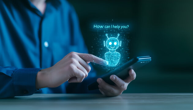 Interaction avec un chatbot IA sur smartphone - Powered by Adobe