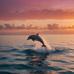 Obraz premium A pair of dolphins leaping out of the ocean under a pink and orange sunset.
