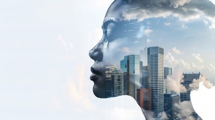 Modern And Abstract Profile With Cloudy Cityscape.