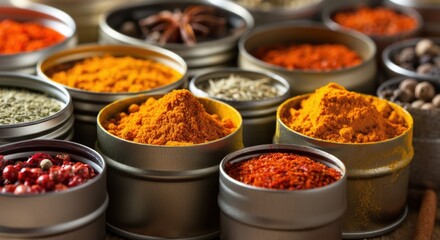 Assorted spices in metal containers, showcasing vibrant colors and textures