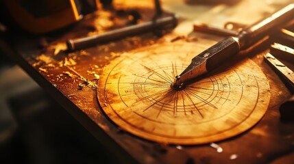 Antique Compass on Wooden Desk at Golden Hour