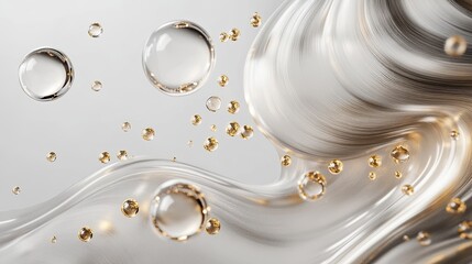 3d hair care render macro background. Scalp with follicle and oil vitamin serum or shampoo, liquid transparent drop with gold bubbles. Cosmetic banner, treatment and repair concept