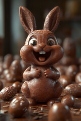 Lapin en chocolat avec une expression joyeuse entour&eacute; d'&oelig;ufs de P&acirc;ques
