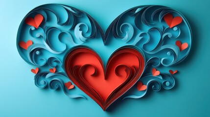 A Symphony of Hearts: A Delicate Arrangement of Intricately Crafted Paper Hearts in Vibrant Shades of Red, Cascading Across a Serene Turquoise Background, Creating a Romantic and Enchanting Compositio