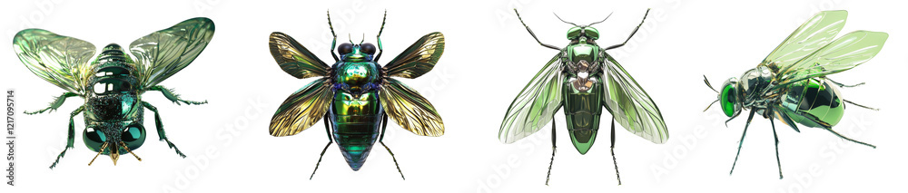 Poster the image shows four different types of iridescent green and gold insects rendered in a metallic sty