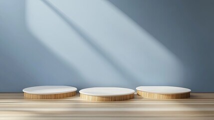 3d realistic white podium stage with wooden floor plates. Isolated vector geometric platforms or pedestals with polished wood top. Round, hexagonal and square exhibit stands for product presentation