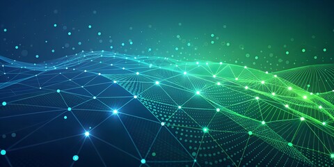 abstract digital network background featuring interconnected glowing nodes and lines, forming a futuristic grid. Use vibrant shades of green and blue with a gradient effec (12)