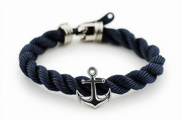 Navy blue rope bracelet with silver anchor detailing showcasing maritime-inspired casual style and modern elegance on white background