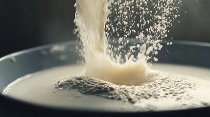 A close-up of powdered milk being sifted into a bowl, with soft lighting highlighting the fine texture