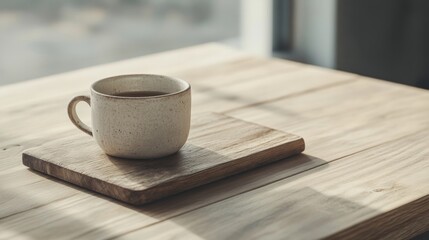 A cozy coffee cup resting on a wooden tray atop a sunlit table with a serene background