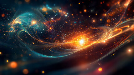 Naklejka premium Colorful abstract background with contoured spacetime waves and forming stars glowing on dark background science gravity physics gravitational waves AI quantum computing early universe concepts 