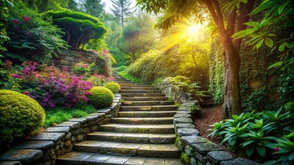Naklejka premium Stone Garden Stairs Leading to Lush Greenery, High Depth of Field Stock Photo