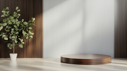 Minimalist Wood Podium: A circular wooden podium sits against a backdrop of vertical wood paneling, a single potted plant adds a touch of natural elegance. The sun casts soft.