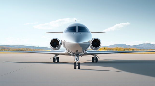 A sleek, silver private jet parked on a tarmac
,luxurious plane ready for takeoff, transportation.