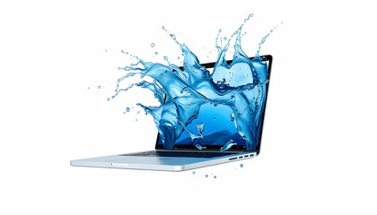 laptop with liquid splash, blue water explosion, digital art, 3D rendering, dynamic composition, high-speed photography effect, water droplets, surreal technology concept, photorealistic, vibrant blue