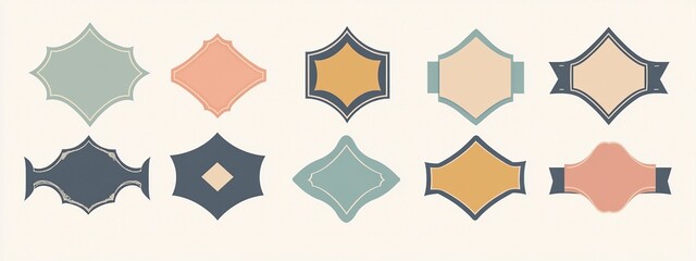 Set of flat vector Arabic-style ribbon labels, simple geometric shapes, muted colors, beige background, empty space in the middle for text. Flat design, vector graphics, no shadows, no gradients. 