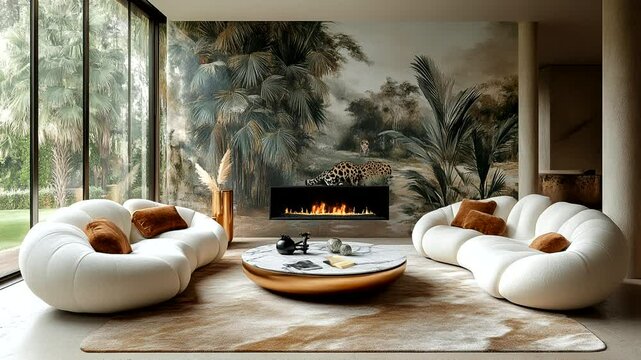 Modern living room with tropical mural and cozy white sofas seamless looping 4k time-lapse animation video background
