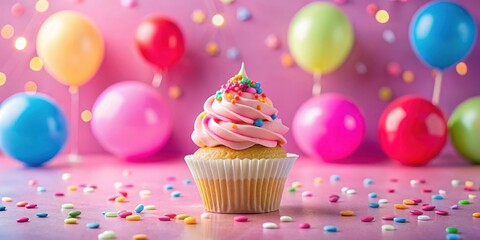 A colorful birthday cupcake sitting alone on a bright pink background with confetti and balloons in pastel shades surrounding it, sweet treat, pink background