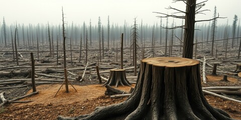 Obraz premium A large tree stump dominates the foreground of a desolate landscape, surrounded by the charred remains of a forest fire, revealing the aftermath of a devastating wildfire.