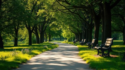 Serene park pathway shaded by lush green trees with inviting park benches inviting relaxation and tranquility