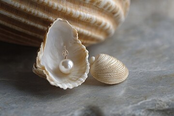 A single pearl earring resting in an open seashell styled on a smooth stone. picture