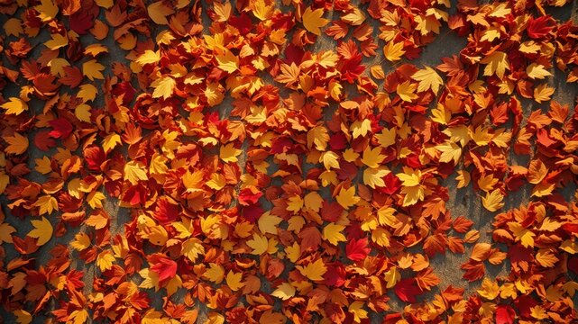 Autumnal Leaf Carpet A Collection of Vibrant Red and Orange Foliage on a Sandy Surface
