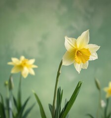 A close-up of a single yellow daffodil in a watercolor style against a soft green background with hints of other spring flowers, yellow flowers, daffodils