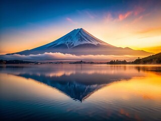 Fototapeta premium Stunning Mount Fuji Sunrise Reflection in Low Light, Japan - Breathtaking Lake Landscape Photography