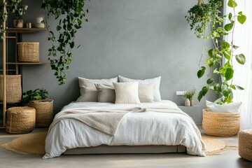 Modern Bedroom with Greenery and Warm Lighting
