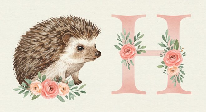 Hedgehog with floral decor and letter h illustration