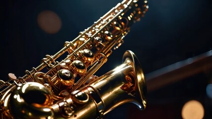 Close-Up of a Beautifully Crafted Saxophone Glimmering in the Spotlight, Showcasing Its Intricate Details and Reflective Surfaces, Perfect for Jazz and Music Themes in Visual