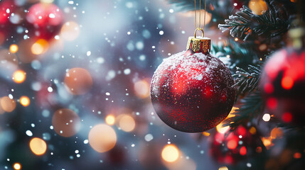 Red baubles decorated on the Christmas trees.