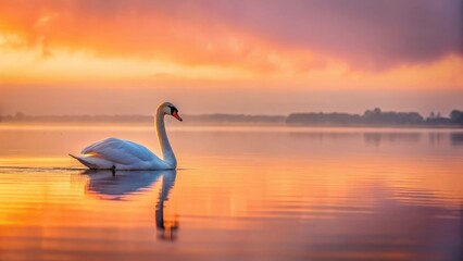 Fototapeta premium A serene swan glides effortlessly across the calm water's surface as morning sunrise slowly creeps over the horizon with hues of pink and orange, dawn, wildlife
