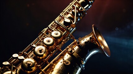 Fototapeta premium Close-Up of a Beautifully Crafted Saxophone Glimmering in the Spotlight, Showcasing Its Intricate Details and Reflective Surfaces, Perfect for Jazz and Music Themes in Visual