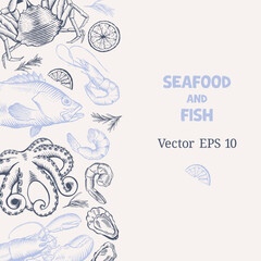 Hand drawn seafood and fish in line art style. Template for menus, invitations, or maritime themed designs
