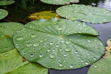 A cluster of tiny water drops clings to the surface of a large green pondweed, creating a textured and organic pattern, greenery, outdoor photography, water drops