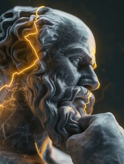 Classical Bust With Glowing Modern Energy Lines.