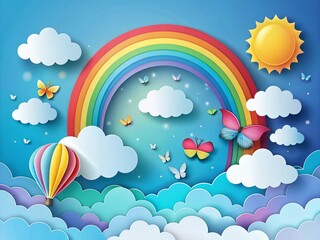 Summer Sun, Fluffy Clouds, Rainbow, Butterfly, Hot Air Balloons Silhouette - Paper Cut Style