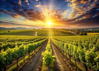Naklejka premium Sun-Drenched Vineyard Landscape: Endless Rows of Grapevines under a Bright Summer Sky