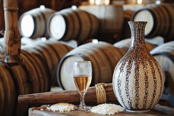 Exploring the traditional craftsmanship of sake brewing with rice barrels and handcrafted tools