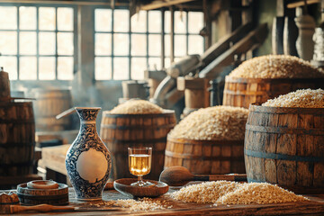 Exploring the artistry of sake brewing with barrels of rice and traditional tools in a serene environment