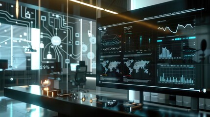 Digital dashboard with business success indicators and office growth charts