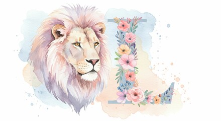 Lion and floral letter l watercolor art with pastel colors