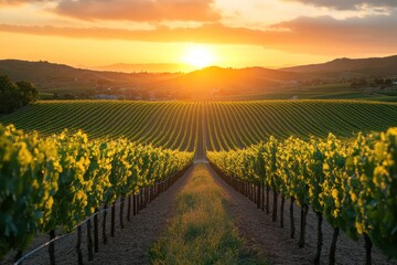 Fototapeta premium Sunset over rolling vineyards, where the rows of grapevines are bathed in the warm glow of the setting sun, creating a serene and picturesque scene.