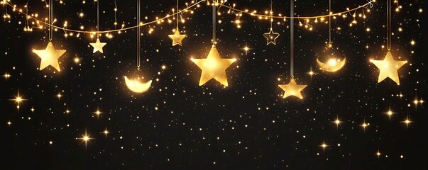 Set of golden, glowing light strings with stars and moons on a transparent background, vector illustration. Christmas lights decoration concept, isolated. Stock photo with 2/3 space for text. 