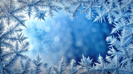 Icy Frost Crystal Border on Transparent Glass Windowpane, crystal clear, cold clarity