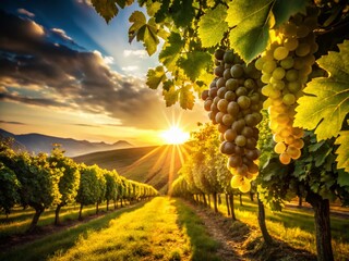 Naklejka premium Sunlit Vineyard Silhouette: Summer Vines, Golden Hour Backlighting